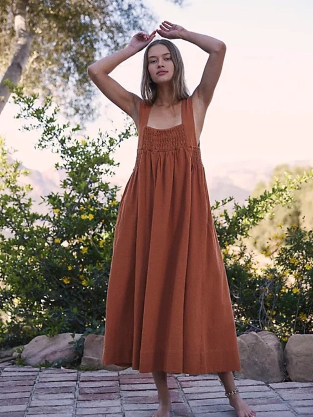 Free People Delphine Midi Dress Sleeveless Pull On Smocked Square Neck M